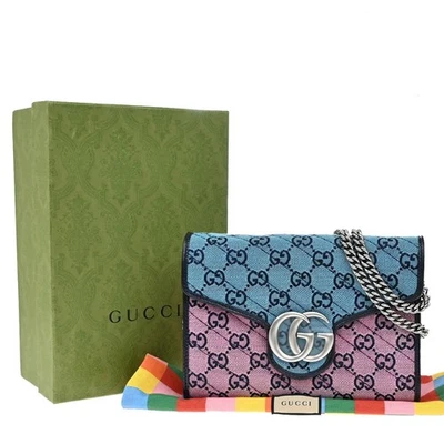 GUCCI Marmont цепочка бумажник мини наплечная сумка холст кожи розовый синий 25EF665 - Изображение 1 из 4