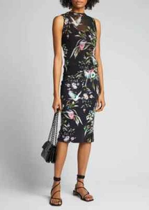 FUZZI Black Floral Hummingbird Print Blouson Mesh Jersey Stretch Dress S = 4/6 - Picture 1 of 7