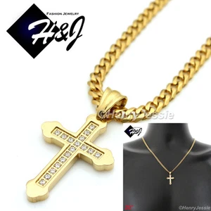 20"Stainless Steel 3mm Gold Plated Cuban Chain Cubic Zirconia Cross Pendant*GP53 - Picture 1 of 8