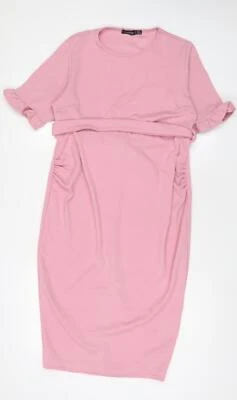 Boohoo Womens Pink Polyester Sheath Size 12 Crew Neck Pullover - Belted - Image 1 of 4