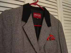 WOMENS "SASSON" LINED 2 PC WOOL SUIT, BLAZER & SKIRT BLACK/WHITE CHECK  SIZE 8/9 - Picture 1 of 12
