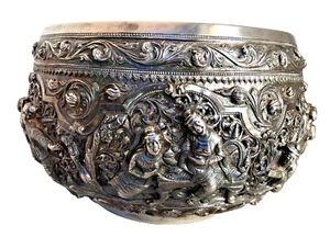 Antica ciotola birmana thailandese/siamese argento sterling parzialmente con lavoro aperto - Foto 1 di 12