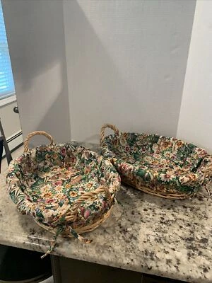 Multi-Purpose Oval Wicker Decorative Baskets with Floral Cloth Liners, Set of 2 - Image 1 of 4