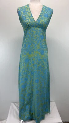 Vtg Key West Fabrics, Inc Hand Print Dress One Of A Kind - Rare Maxi Green Blue - Image 1 of 4