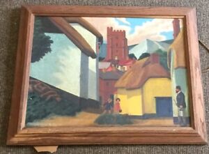 Vintage Cubist Painting In Wooden Frame Signed Primitive Art Picture 22 x 17"