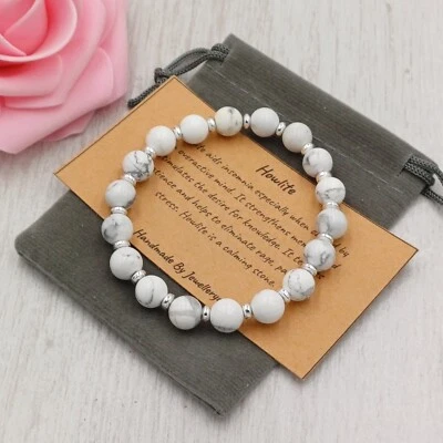 Pulsera HOWLITE ajuste elástico hecha a mano + bolsa de regalo y tarjeta piedras preciosas de cristal 6/8 mm Foto 1 de 4