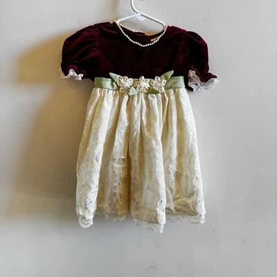 Vintage b.t. Niños Bebés Niñas 24M Granate Terciopelo Vestido de Vacaciones Marfil Damasco Encaje Foto 1 de 4
