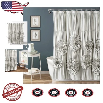 Serena Shower Curtain 72"x72" Light Gray Polyester Ruffled Floral Style - Image 1 of 4