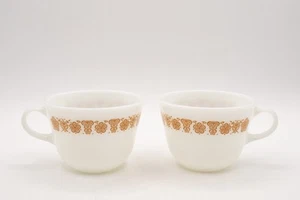 Set of 2 Pyrex Butterfly Gold C Handle Coffee Tea Mugs Vintage Milk Glass - Picture 1 of 11