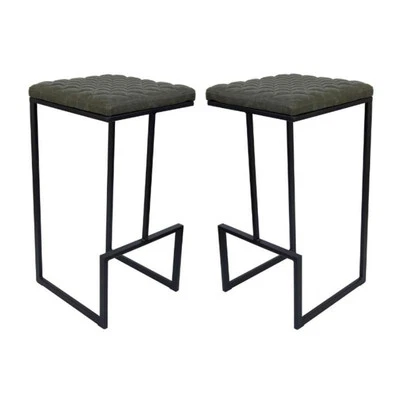 Home Square Quilted Stitched Leather Bar Stools in Olive Green - Set of 2 - Image 1 of 4