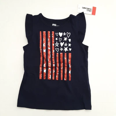 Epic Threads Girls Size 5 Star Heart T-Shirt Flutter Sleeve USA Navy Red Tee - Image 1 of 4