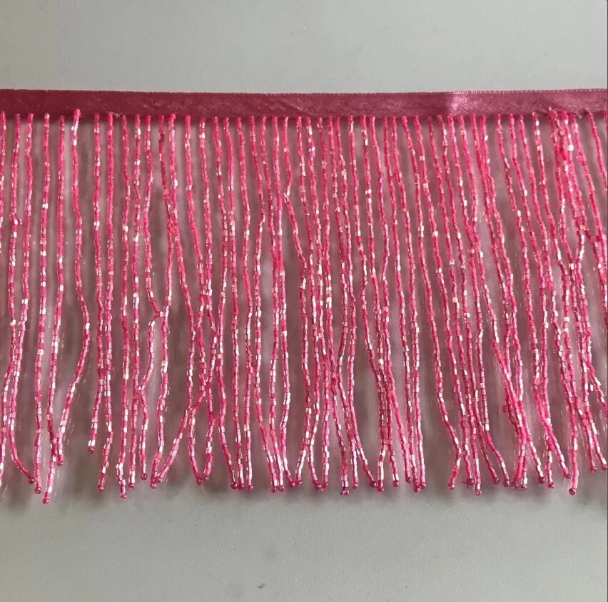 By the yard-6"- NEON PINK Glass BUGLE Bead Beaded Fringe Trim Lampshade Costume - Image 1 of 1