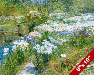 WATER GARDEN WHITE & BLUE FLOWERS IMPRESSIONIST PAINTING ART REAL CANVAS PRINT - Picture 1 of 5