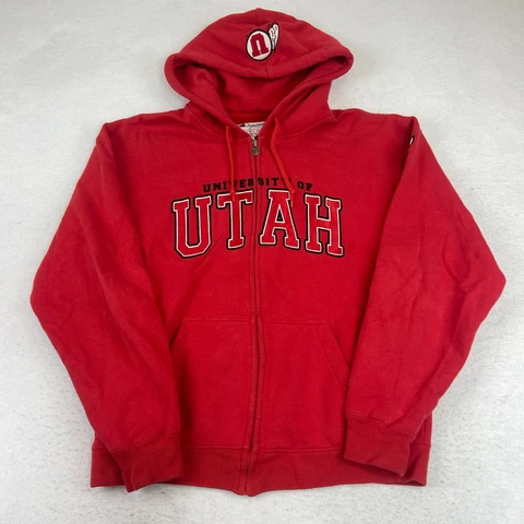 Utah Utes Sweatshirt Mens Large Full Zip Hoodie Lined Champion Cotton Red Good Cover