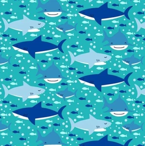 Blue Sharks on Turquoise Striped Comfy Cotton Flannel Fabric by the Yard - Picture 1 of 1