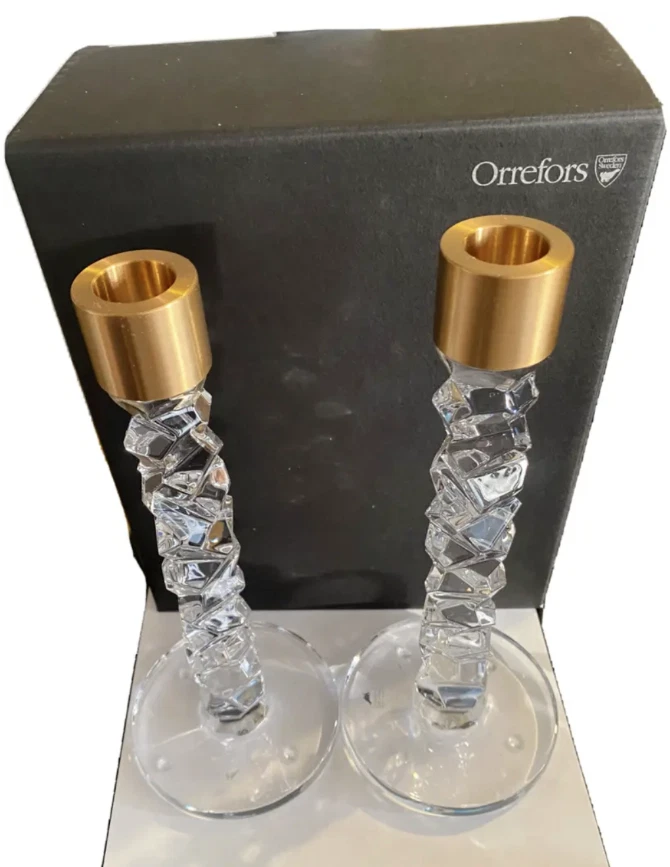 Orrefors Crystal Carat Candlestick Pair Brass Medium BRAND NEW - Image 1 of 1