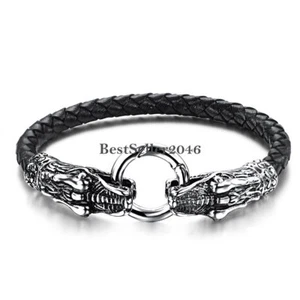 Mens Stainless Steel Dragon Head Black Braided Leather Bracelet Cuff Bangle 8.3" - Picture 1 of 6