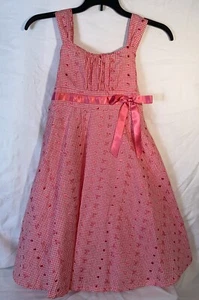 NEW Bonnie Jean Girls sweetheart "CORAL EYELET GINGHAM CHECK" Satin Bow Dress - Picture 1 of 17