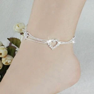 Mujeres Niñas Cristal Plata Esterlina Cuentas Corazón Tobillas Pulsera Tobillo Cadena para pies - Imagen 1 de 3