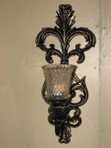 Vintage Wall Candle Sconce Homco Gothic Gold on Black Resin Plastic Scarce - Picture 1 of 4