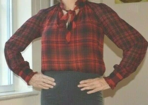 POLO RALPH LAUREN Red Black Plaid Pussy Bow Neck Blouse Shirt New XXS $248 SC096 - Picture 1 of 12