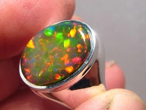 Anillo grande de ópalo Welo negro de 6 quilates para hombre, 18 gramos de plata de ley - Imagen 1 de 14