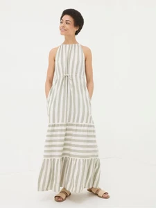 FATFACE ecru khaki green stripe halter beach maxi long linen mix dress UK 16 - Picture 1 of 15