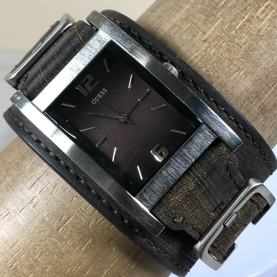Guess Men G96047G Leather Bund Strap Rectangular Quartz 33mm Watch 7 1/4" - Image 1 of 4