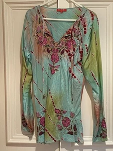Women’s Derhy Beaded Embroidered Sequinned Floral Tye Dye Silk Blouse Size M - Picture 1 of 2