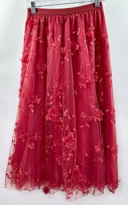 Falda midi de tul tutú hada malla en capas cintura elástica bordado floral rojo Foto 1 de 4