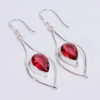 Red Garnet Gemstone Ethnic Handmade 925 Sterling Silver Earrings 2.3" KE-419 v32 - Image 1 of 4