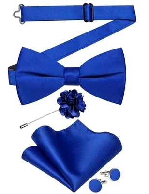  Pajarita de satén preatada brillante lisa para hombre y cuadrado de bolsillo azul real Foto 1 de 4