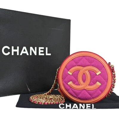 CHANEL CC Round Mini Chain Shoulder Bag Canvas Leather Red Magenta 377RH640 - Image 1 of 4