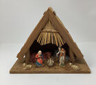 Vintage Nativity Set with Wood Stable - Manger Scene - Christmas Decor
