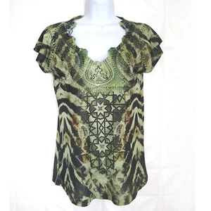 NOWT One World Top T-Shirt Tie Dye Lace Rhinestone Green Black Boho Summer '09 S - Picture 1 of 11