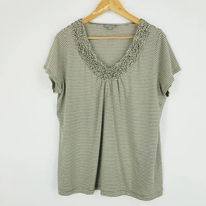 Suzanne Grae Womens Size XL 16 Khaki Green White Striped Stretch T-Shirt Ruffle - Picture 1 of 13