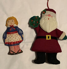 Vintage Handmade Fabric Plush Santa & Girl  Christmas Ornaments
