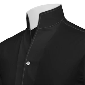 Camicia uomo nera a contrasto punto bianco collo alto aperto stile preppy 100% cotone - Foto 1 di 11