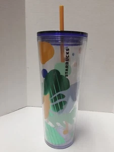 New with Tags Starbucks 24 oz Tumbler with tropical print- orange straw VENTI - Picture 1 of 3