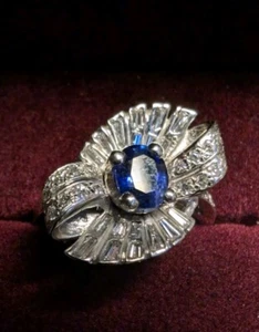 Vintage 18k Gold Natural Diamond & Sapphire Cocktail Bow Ring 6 gm Size 8 1/2 - Picture 1 of 22