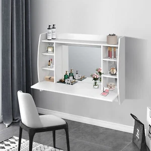 Tocador espejo mesa suspendida de maquillaje comoda estantes madera MDF blanco - Imagen 1 de 5