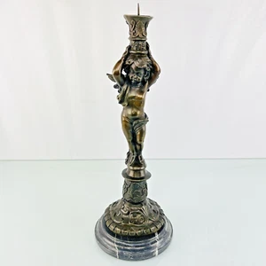 Scultura portacandele angelo cherubino bronzo con base in marmo - altezza 16,5 - Foto 1 di 12