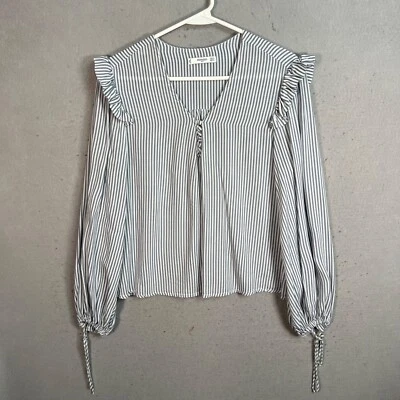 Mango Blue & White Stripe Long Sleeve Blouse Medium Ruffle Details & Tie Cuff - Image 1 of 4