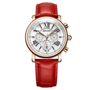 Megir Ladies Round Quartz Analogue Watch Red Rose Gold Smart Watches Leather - Picture 1 of 10