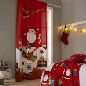Christmas Curtain Window Panel Festive Decor Santa's Presents Red Slot Top Xmas