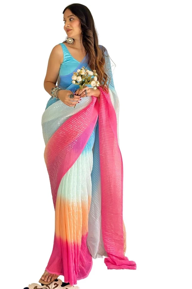 Sari de trabajo completo de lentejuelas Georgette aplastadas/plisadas para mujer con pieza de blusa Foto 1 de 1