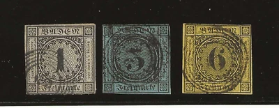 Germany Baden Scott #6, #8, #9, used 1853-58 numerals, imperf, nice cancels f/vf - Image 1 of 2