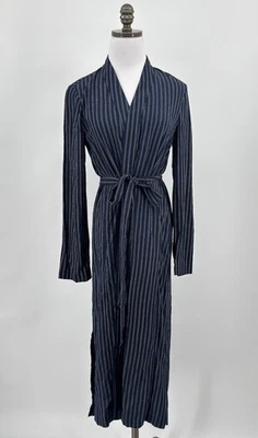Eileen Fisher Blue Double Striped Belted Long Kimono Jacket Robe - Image 1 of 4