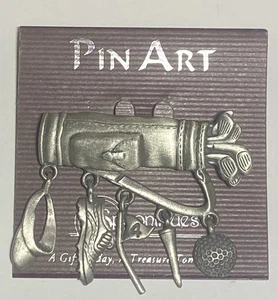 Pin Art Golf Bag Brooch Pewter Tone Pins Golf Clubs Shoes Flag Ball Gift Jewelry - Picture 1 of 2