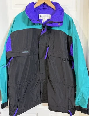 Chaqueta De Colección Columbia Gizzmo Tech Shell Solo Hombres Verde Azulado Negro Púrpura Retro GRANDE Foto 1 de 4